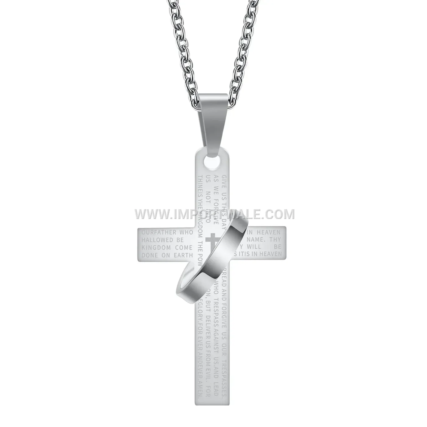 Engraved Cross Circular Stainless Steel Pendant Chain Necklace