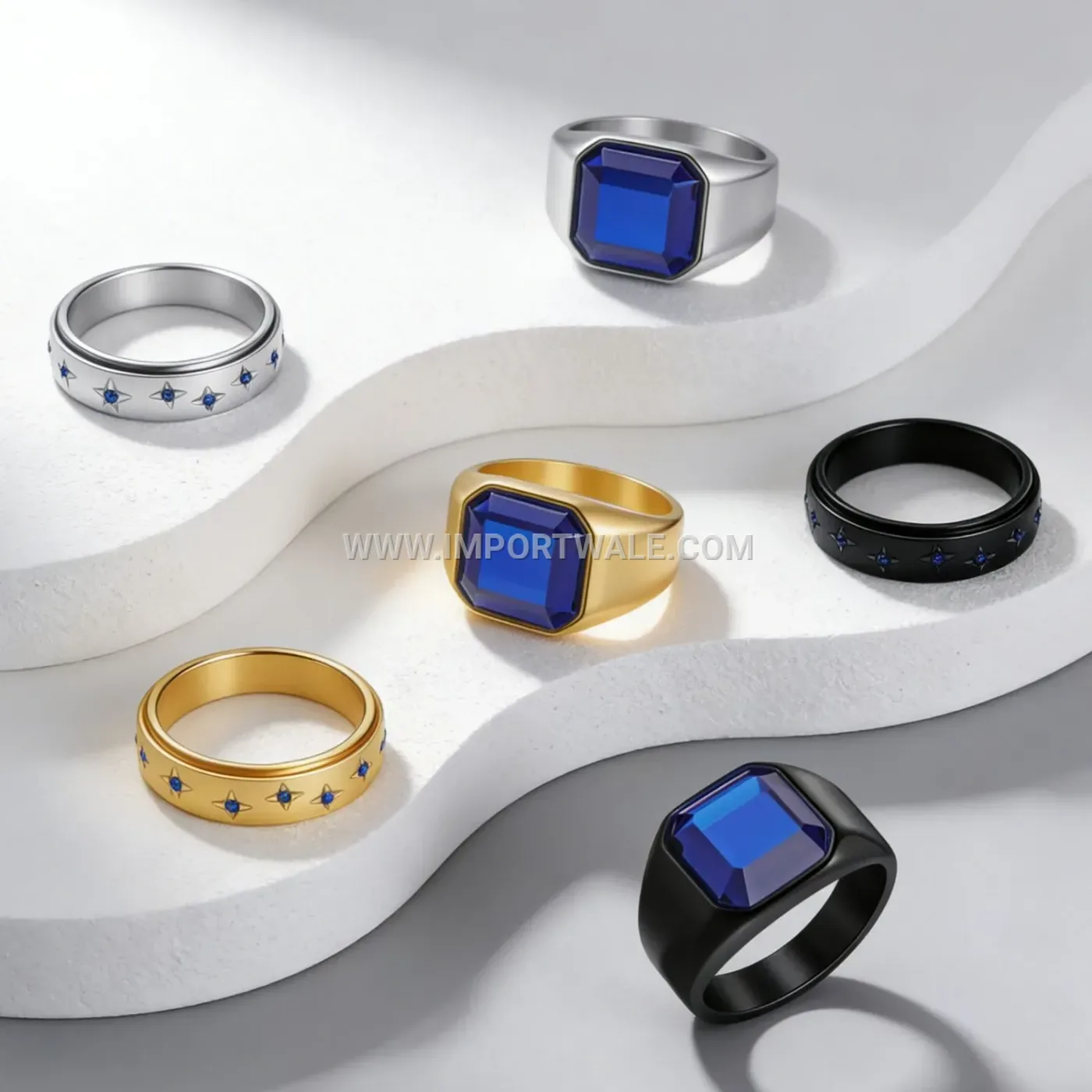 Celestial Faux Sapphire Inlaid Gold Stainless Steel Couple Ring