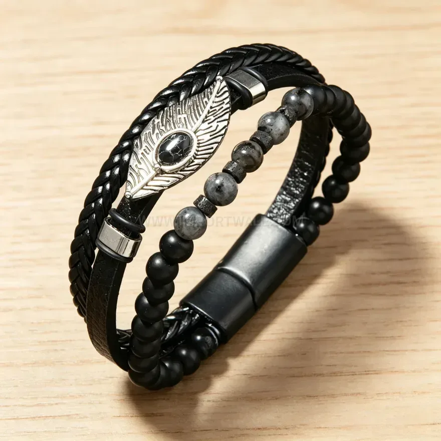 Fashion Feather Turquoise Inlaid PU Leather Bracelet with Magnetic Clasp
