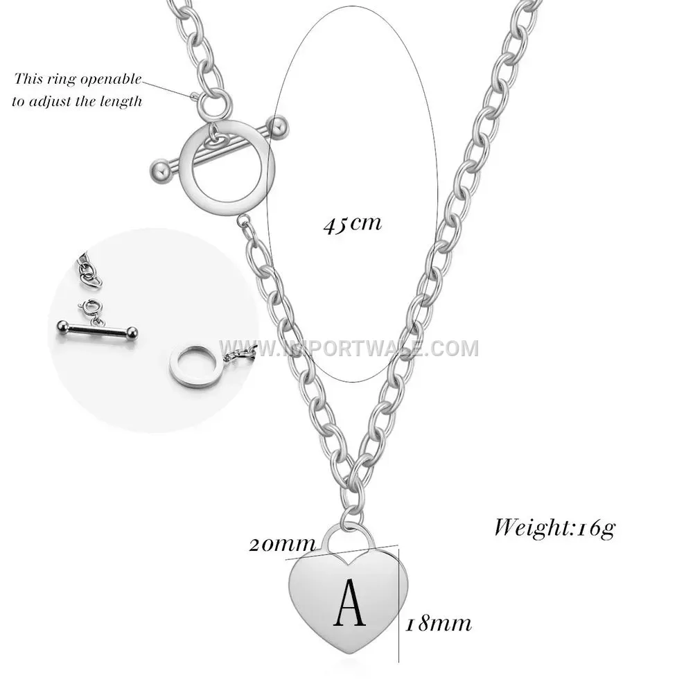 Engraved Heart Initial OT Clasp Stainless Steel Necklace