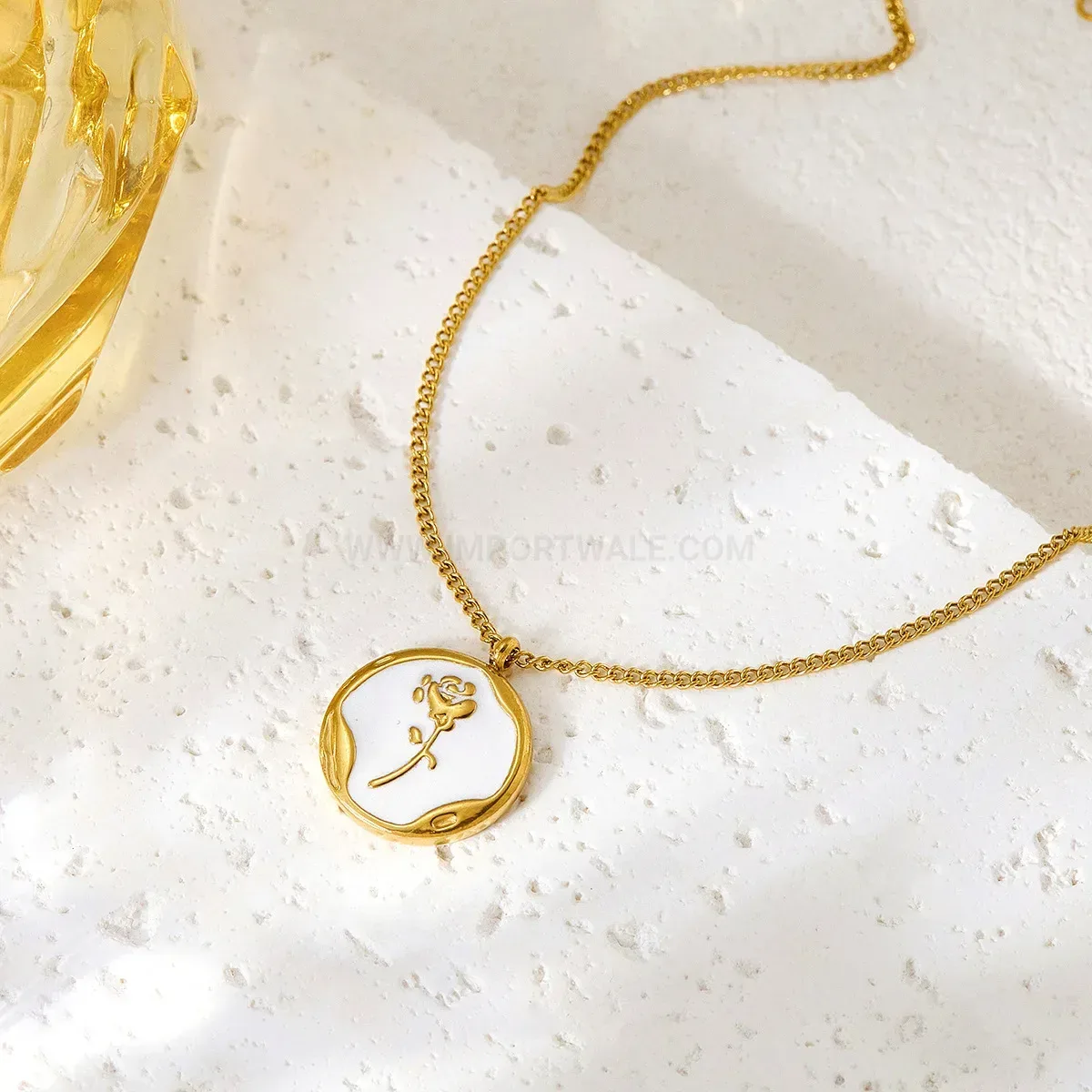 Premium French Retro Enamel Rose Pendant Stainless Steel Necklace
