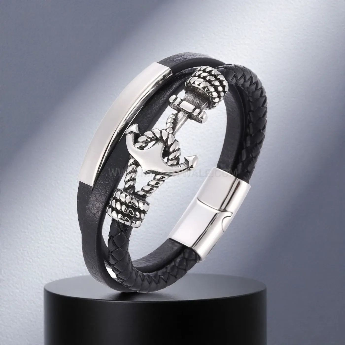 Braided Leather Anchor Stainless Steel Multi Strand Bracelet