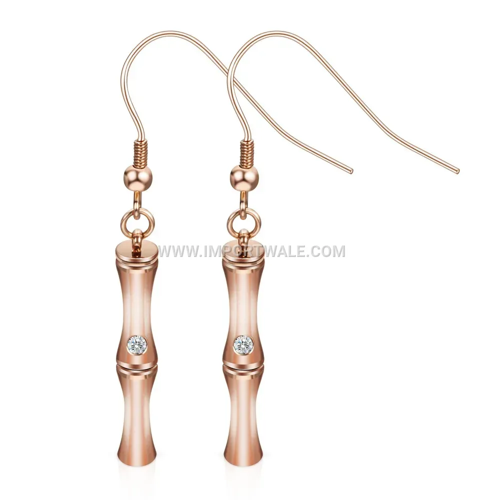 Rose Gold Stainless Steel Bamboo Motif Crystal Stud Earrings