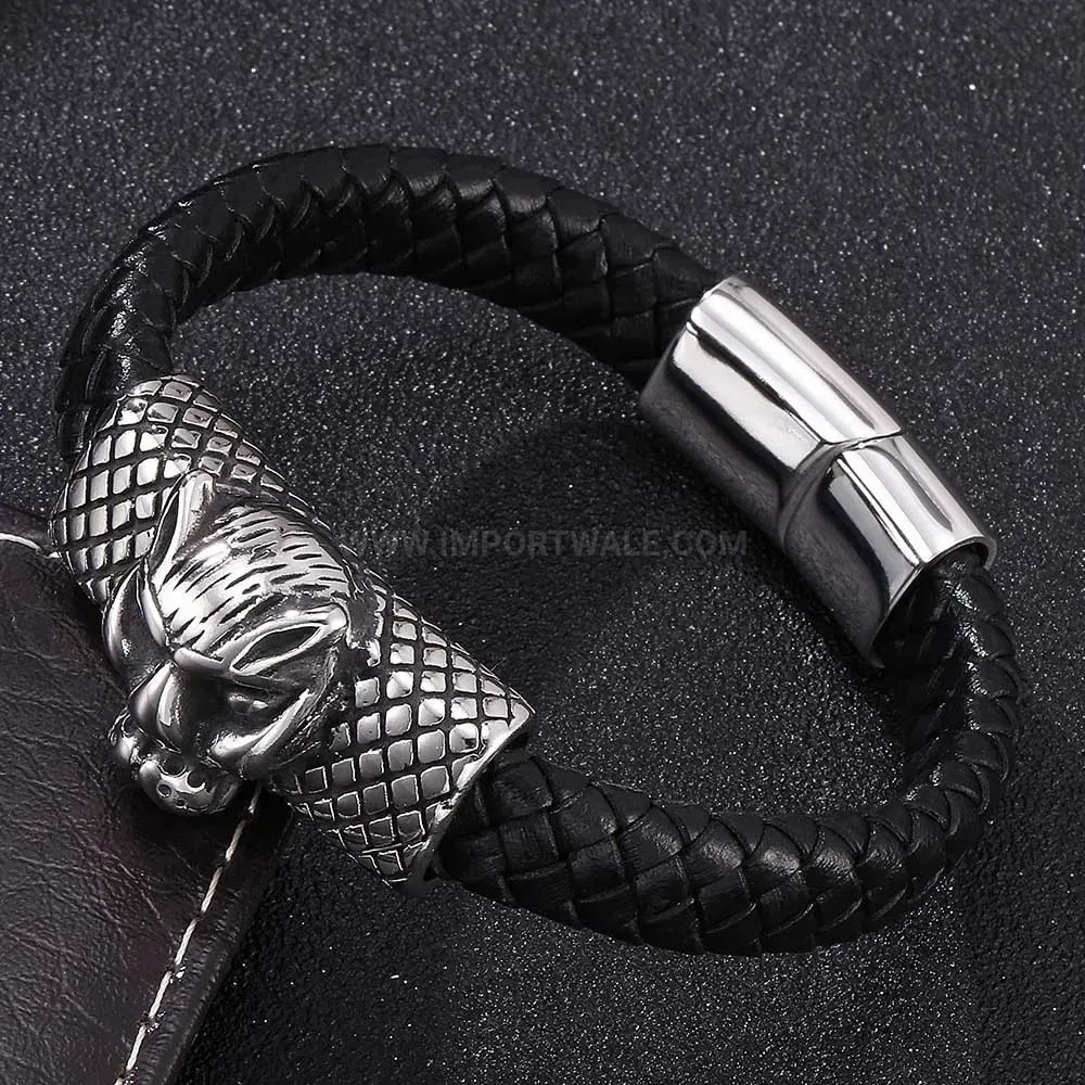 Leopard Head Steel Magnetic Leather Strand Bracelet