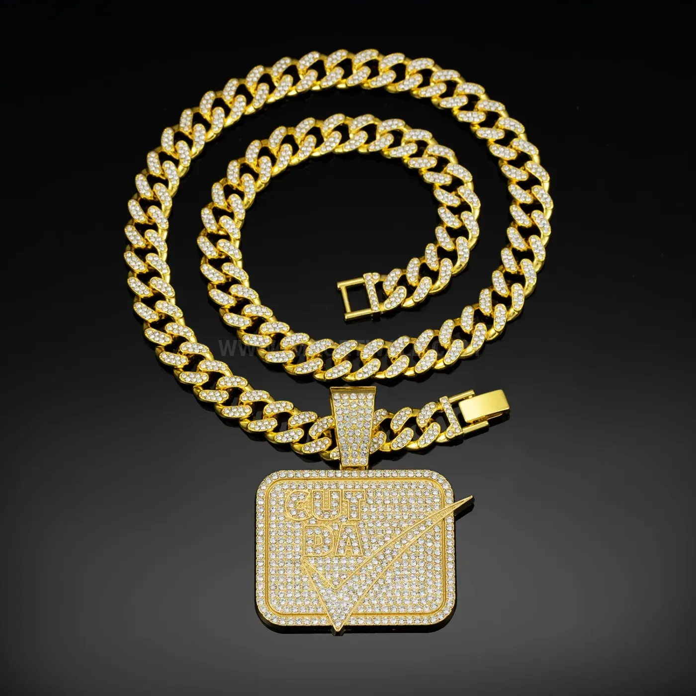 Modern Square Letter Tag Rhinestone Cuban Chain Pendant Necklace