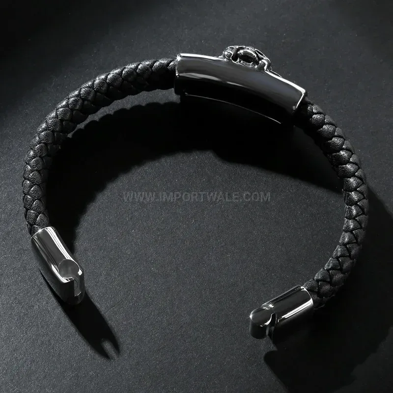 Stylish Gothic Skull Accent Braided Leather Stainless Steel Men Bracelet