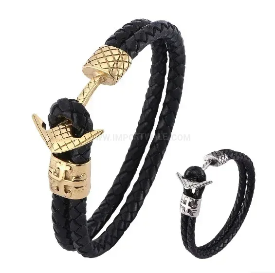 Braided Leather Wristband with Stainless Steel Anchor Clasp