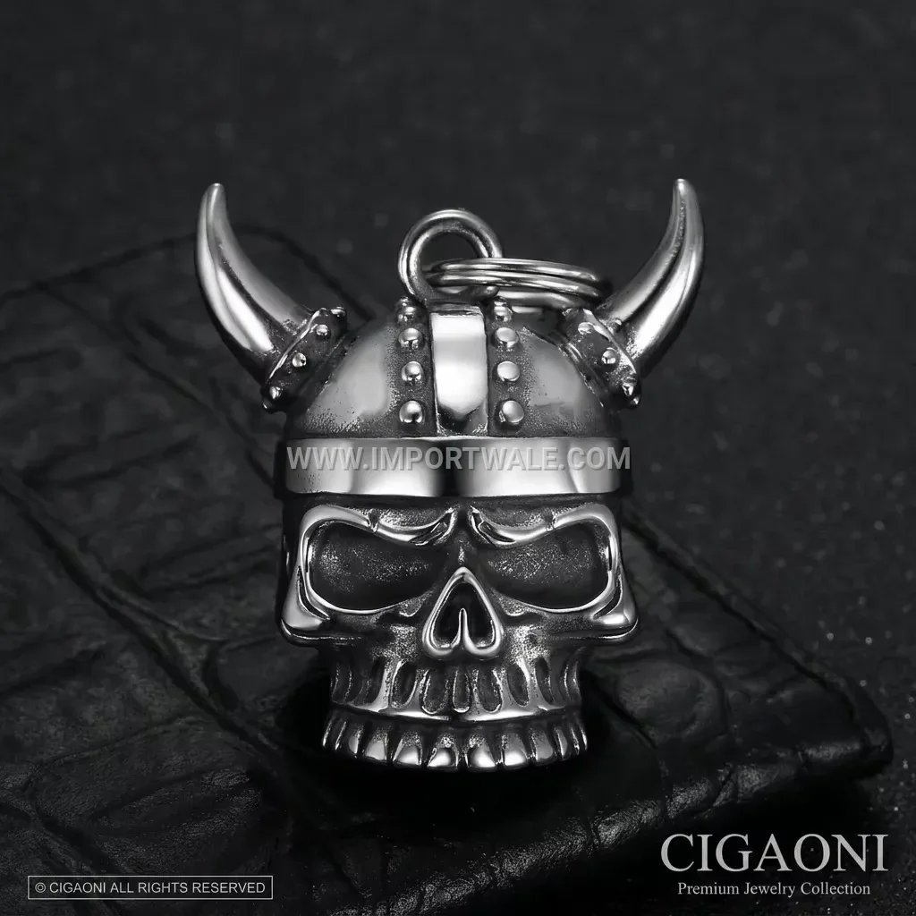 Viking Skull Horned Helmet Guardian Bell Pendant Necklace