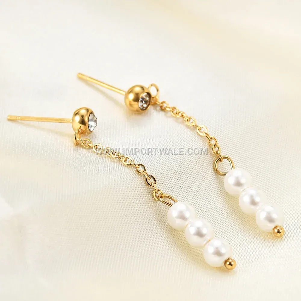 Faux Pearl and Crystal Dangle Stainless Steel Chain Earrings