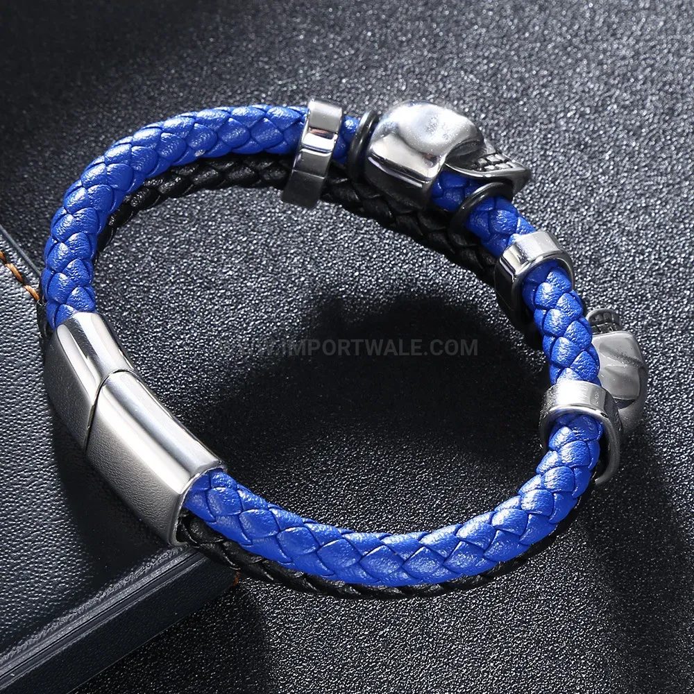 Fashion Dual-Tone Leather Skull Bracelet with Stainless Steel Magnetic Clasp
