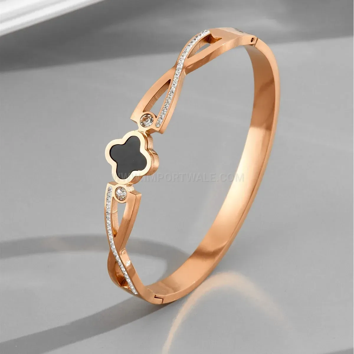 Pave Crystal Four Leaf Clover Titanium Steel Bangle