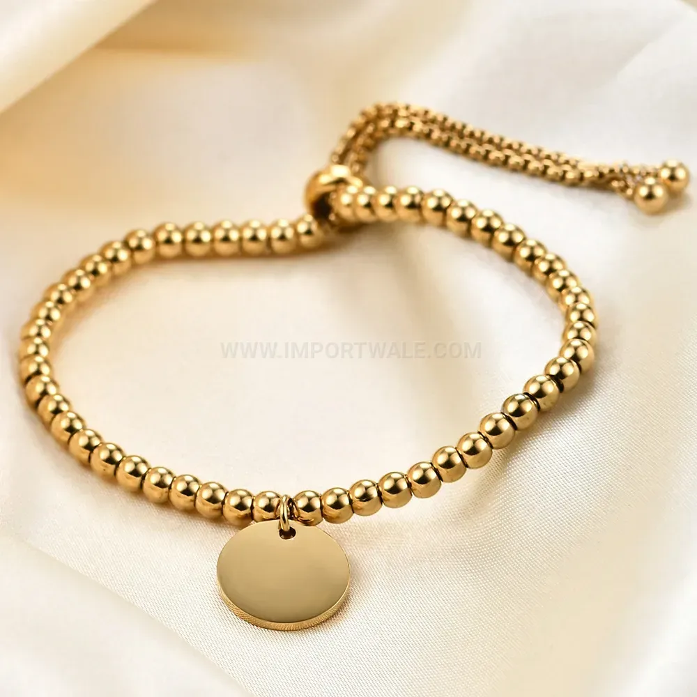 Classic Adjustable Stainless Steel Beaded Chain Bracelet with Engraved Disc