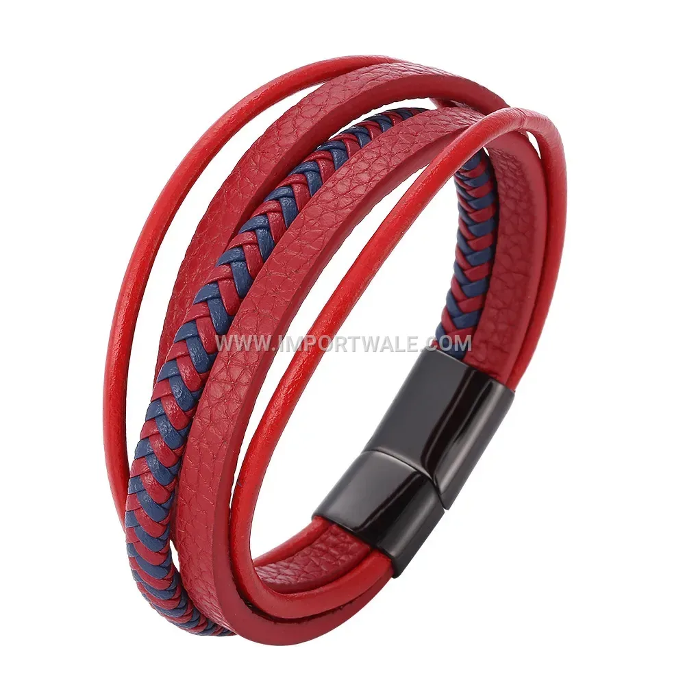 Two-Tone Woven Leather Wristband with Stainless Steel Magnetic Buckle