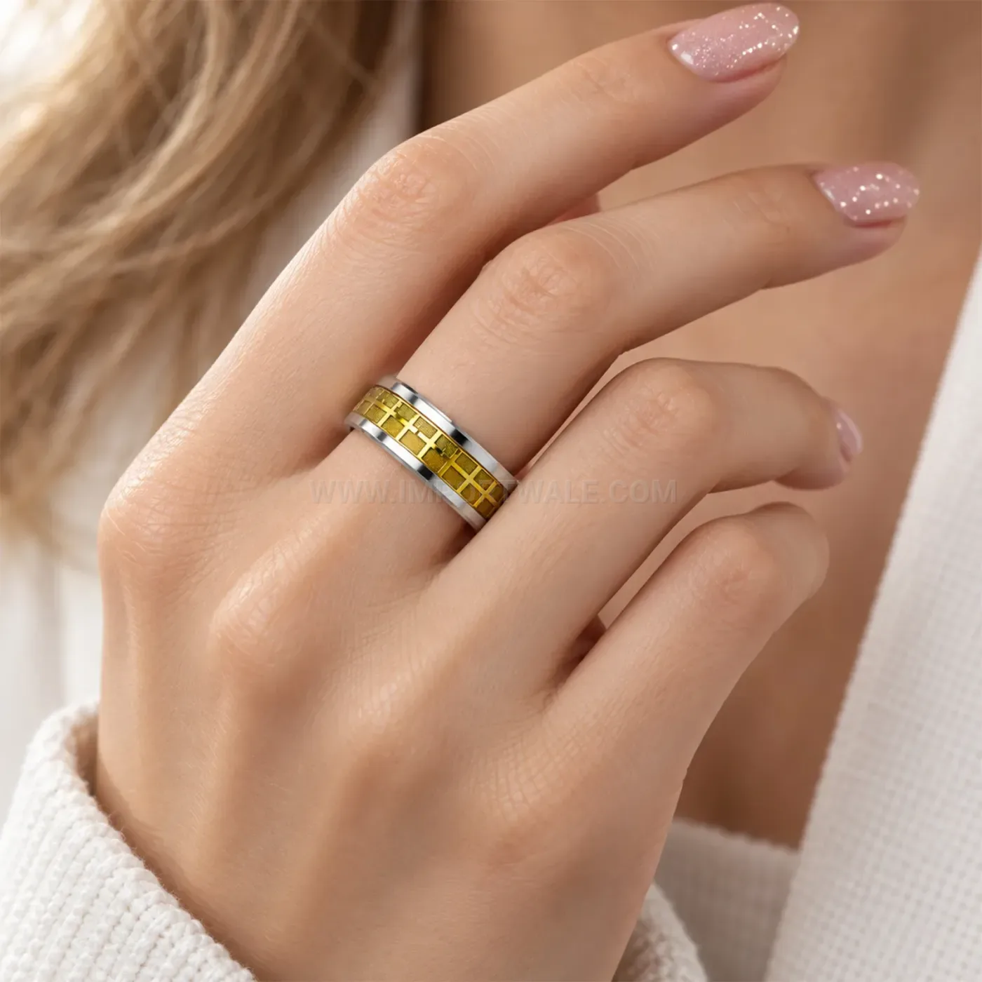 Stainless Steel Wide Band Ring with Cross Texture