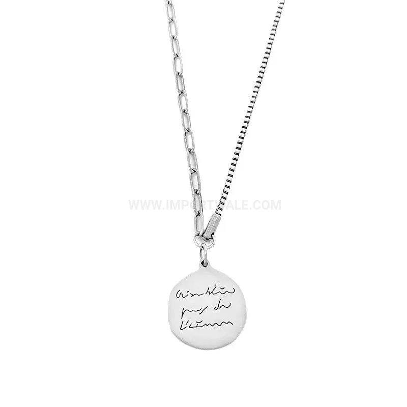 Bold Silver Pendant Irregular Round Disc Titanium Steel Chain Necklace