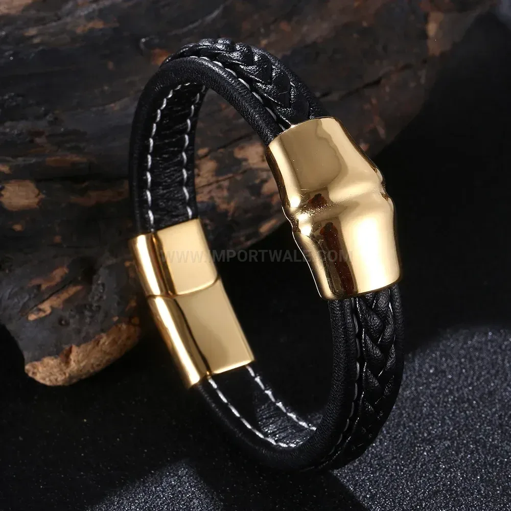 Braided Leather Wristband with Gold Tone Stainless Steel Clasp
