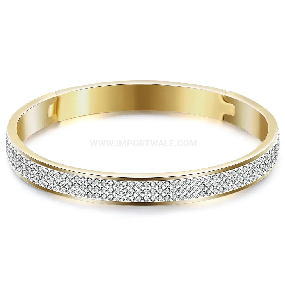 Premium Gold Stainless Steel Three Row Rhinestone Open Cuff Bangle
