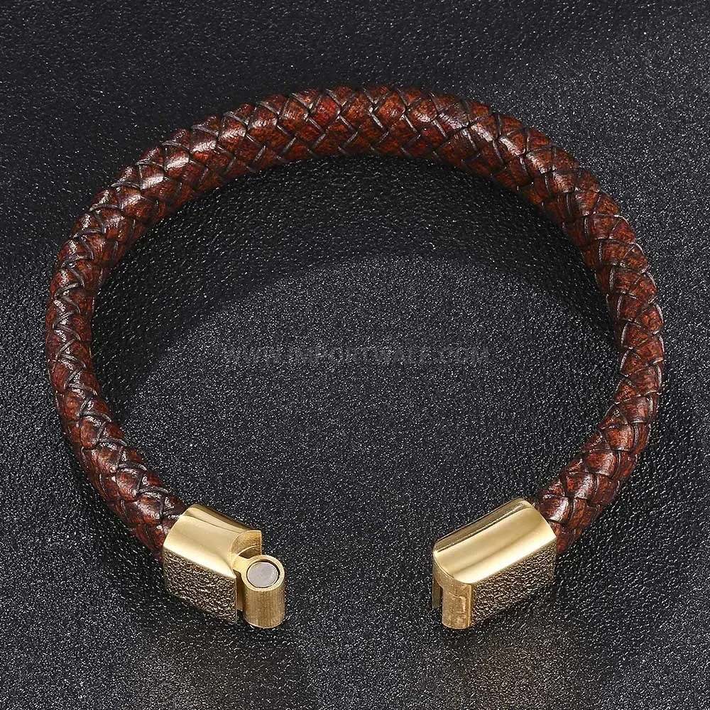 Sleek Brown Braided Leather Bracelet with Gold Accent Stainless Clasp