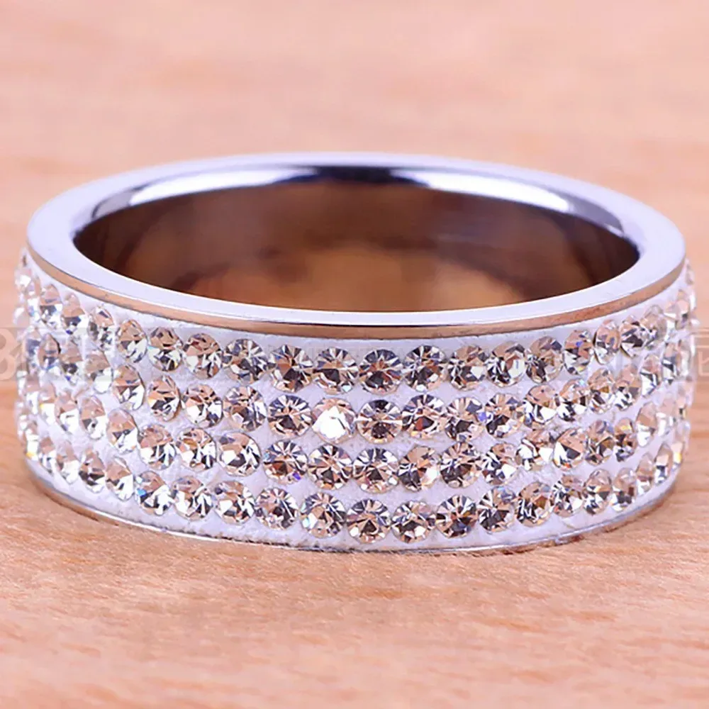 Four Row Rhinestone Stainless Steel Band Ring