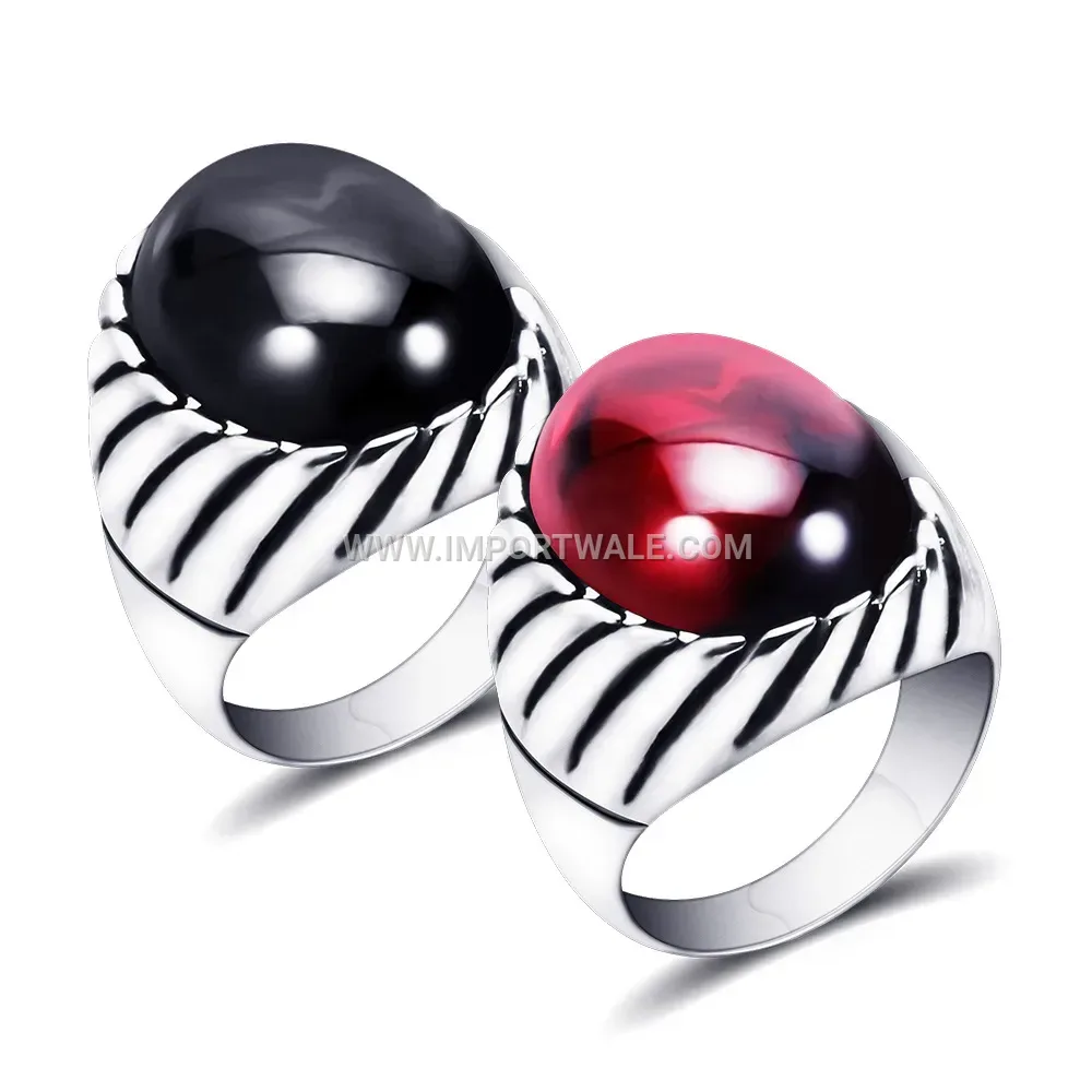 Retro Striped Stainless Steel Gemstone Ring