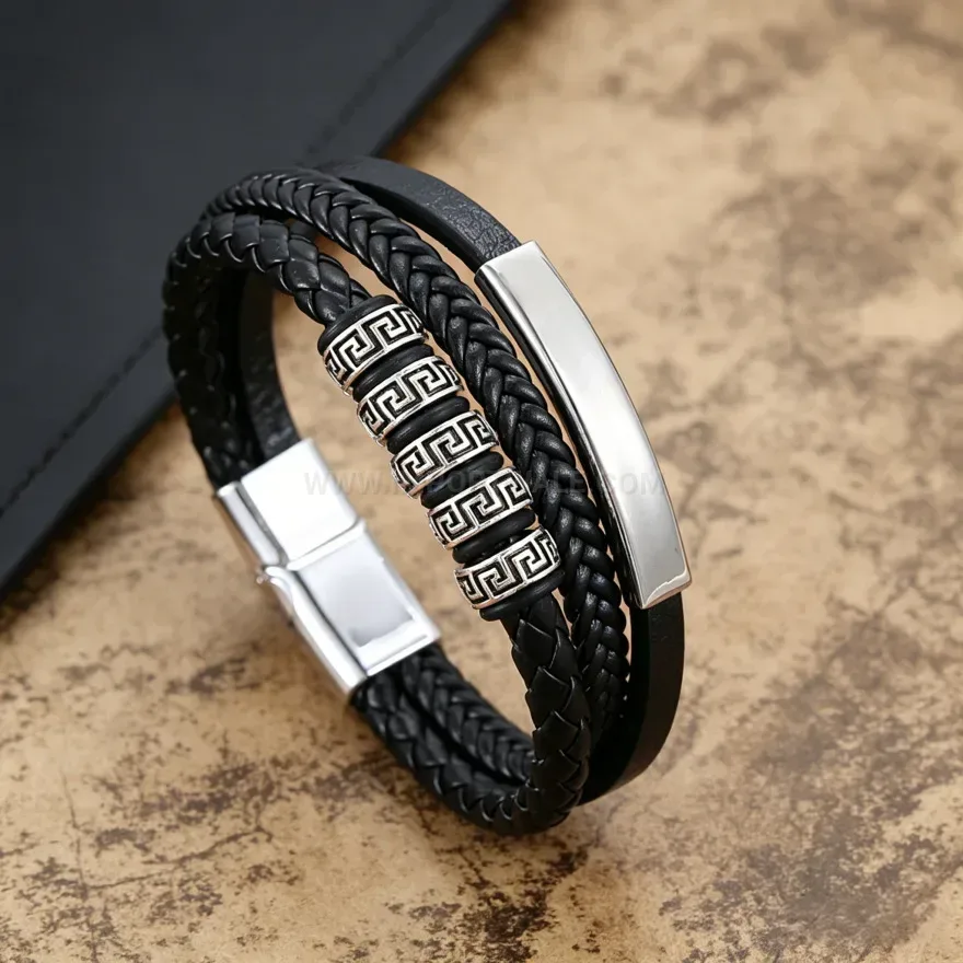 Modern Multi Layer Braided Leather Men's Bracelet with Magnetic Clasp