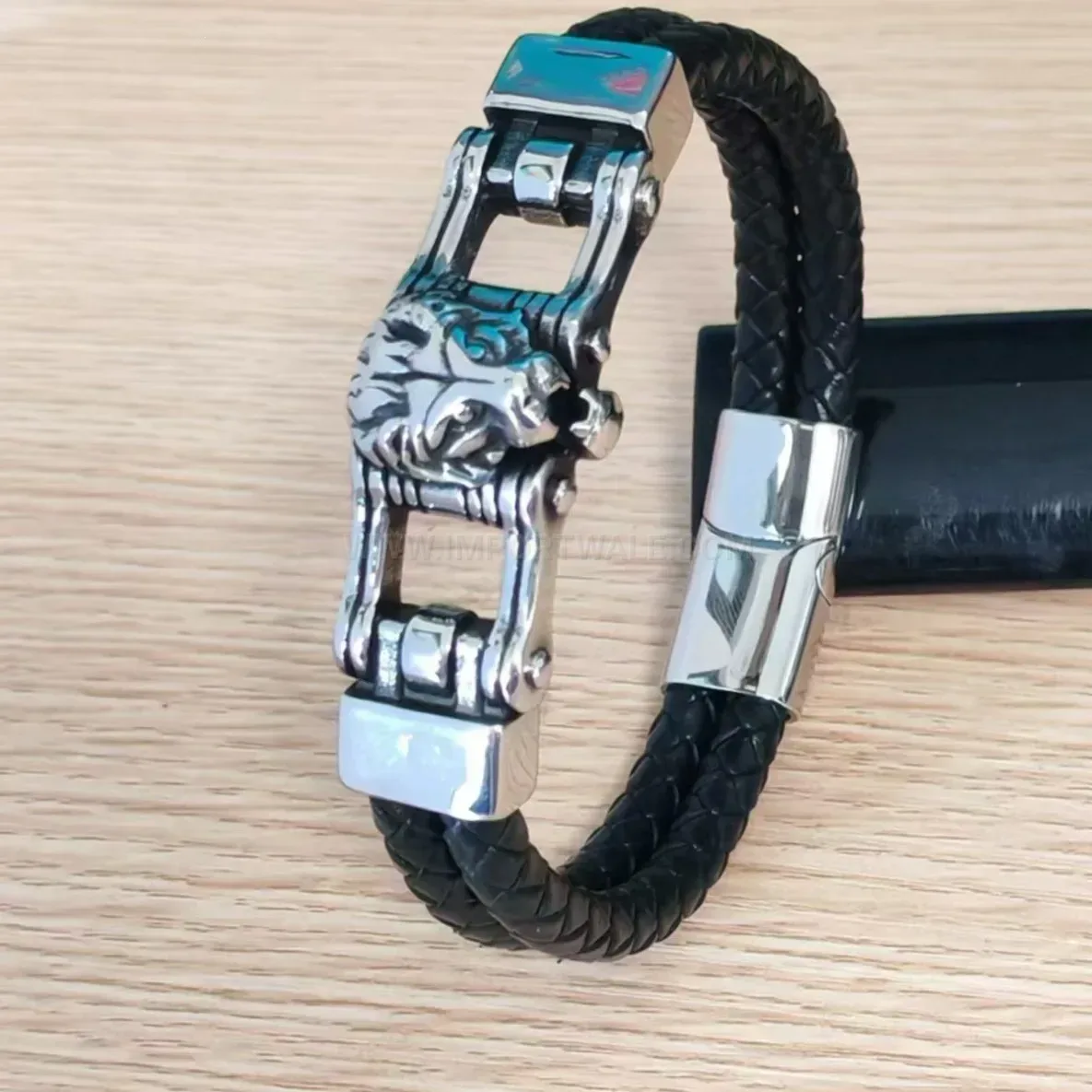 Sculpted Lion Head Stainless Steel Magnetic Leather Bracelet