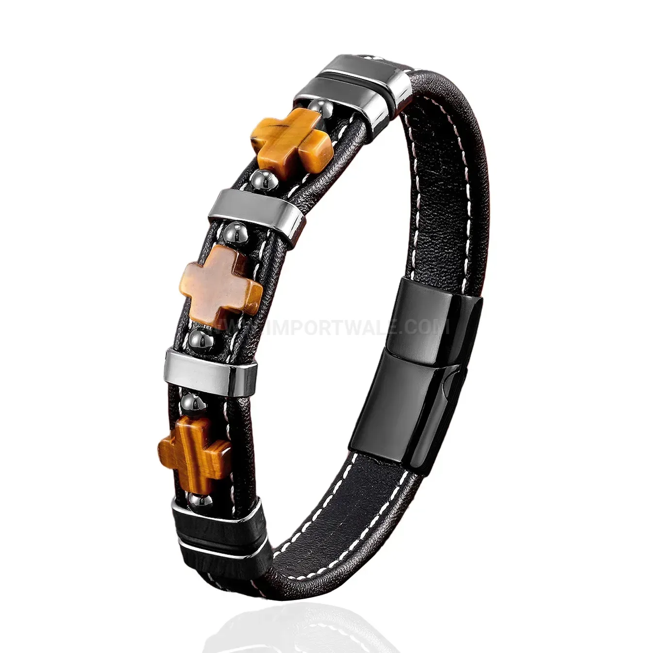 Vintage Leather Cross Stone Men's Stainless Steel Bracelet