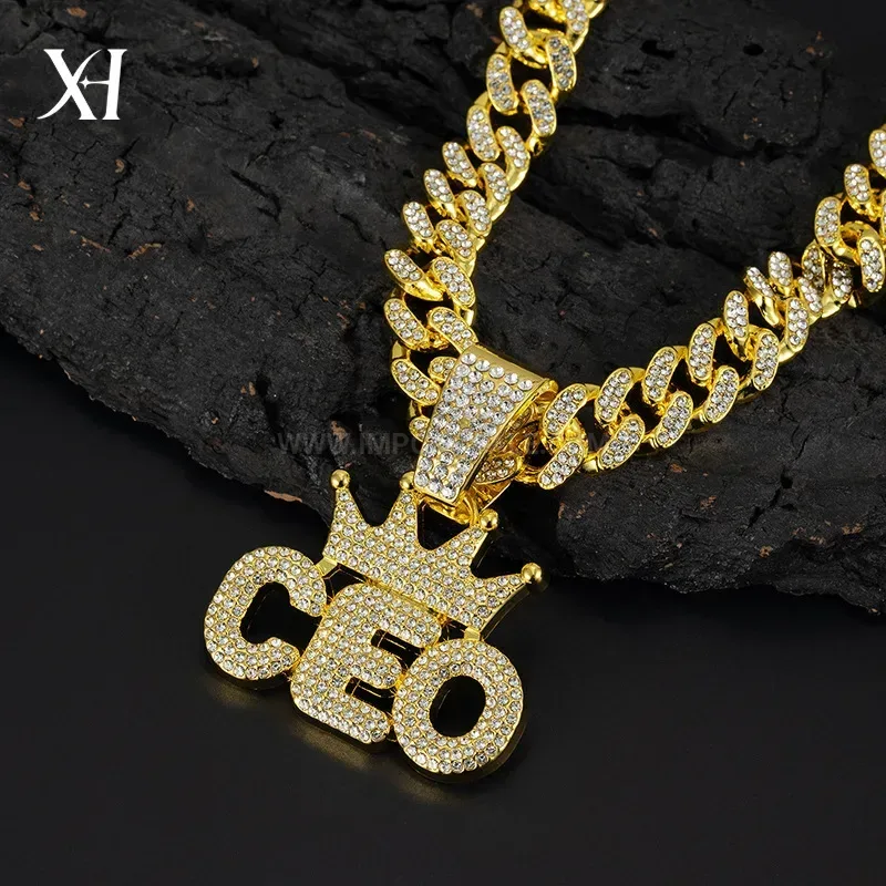 Iced Out Crown CEO Letter Pendant Cuban Chain Necklace