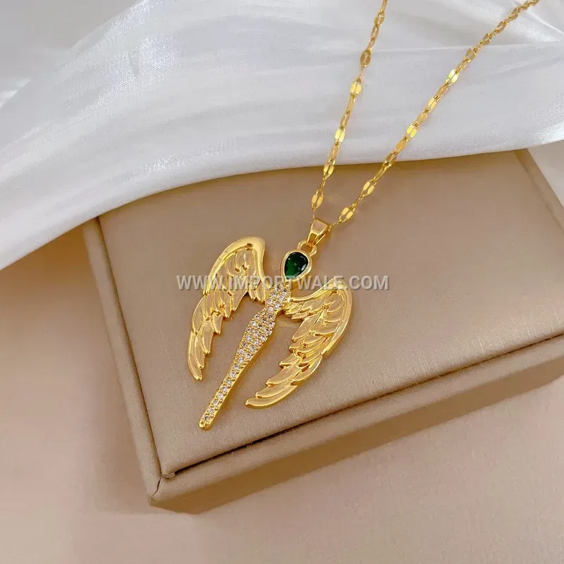 18K Gold Plated Stainless Steel Angel Wing Zircon Pendant Necklace