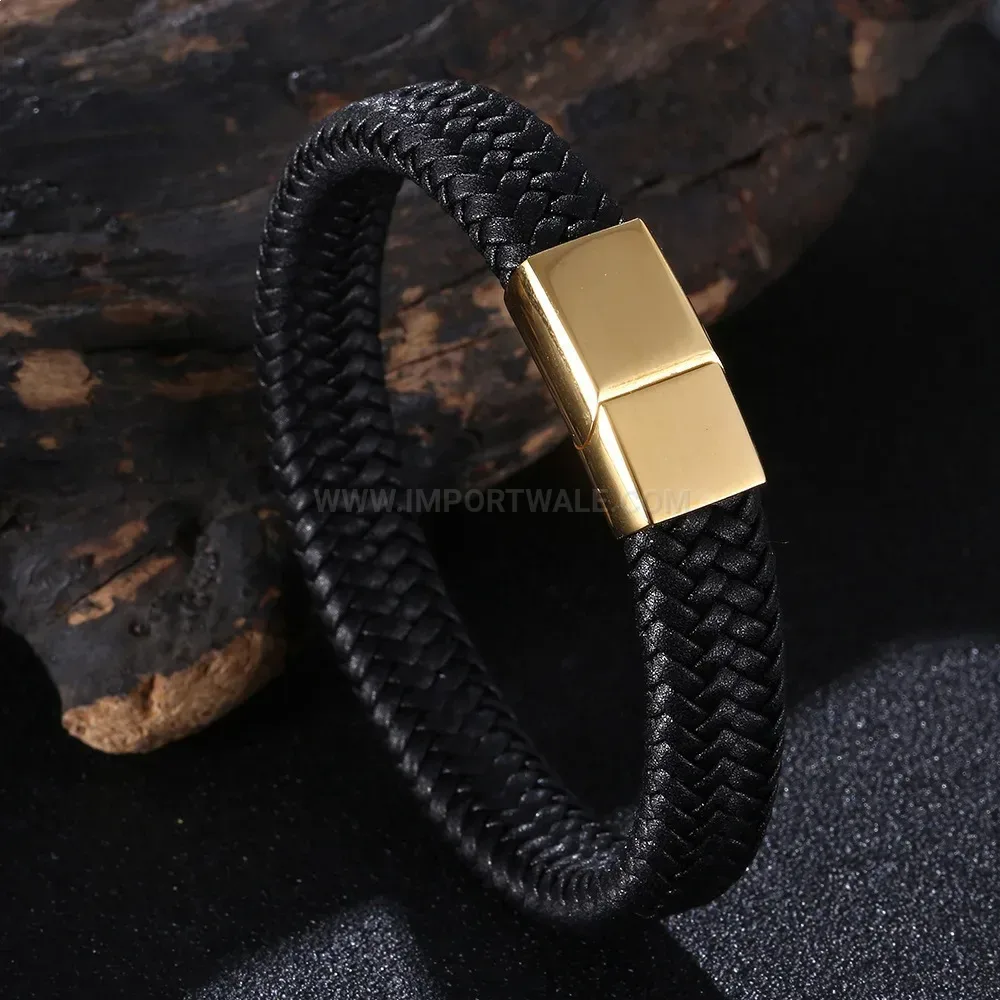 Woven Leatherette Cuff Bracelet with Gold-Tone Steel Hardware