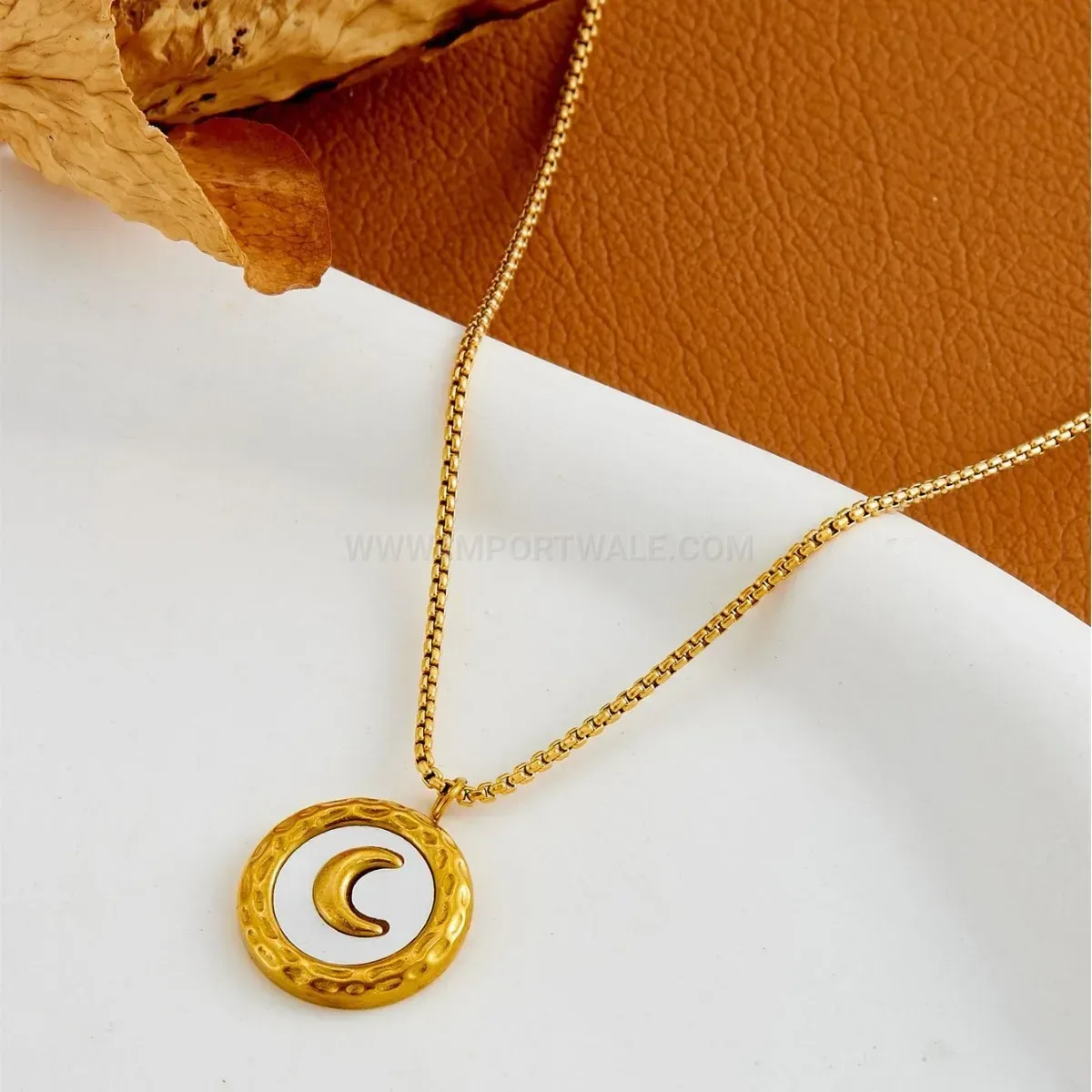 Trendy Gold Titanium Steel White Shell Moon Pendant Snake Chain Necklace