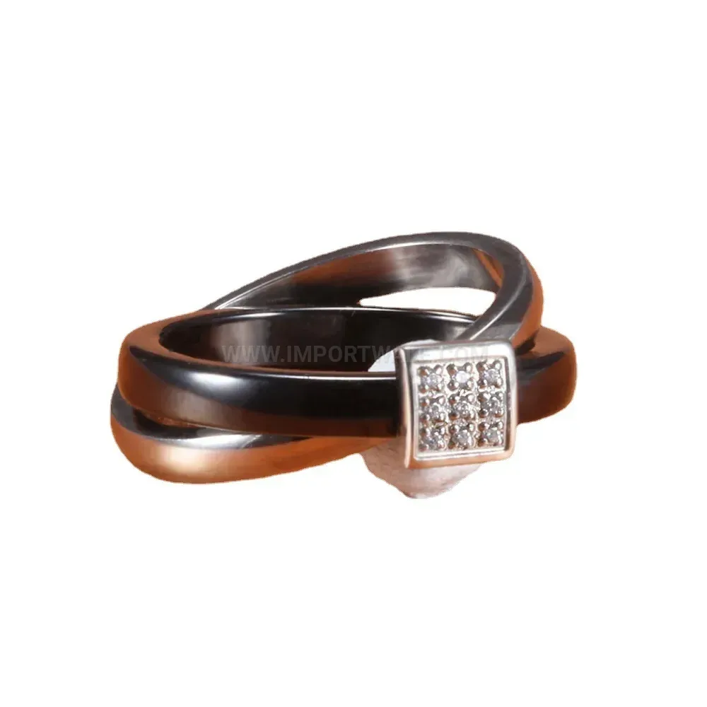 Crossed Black Ceramic and Stainless Steel Zircon Ring