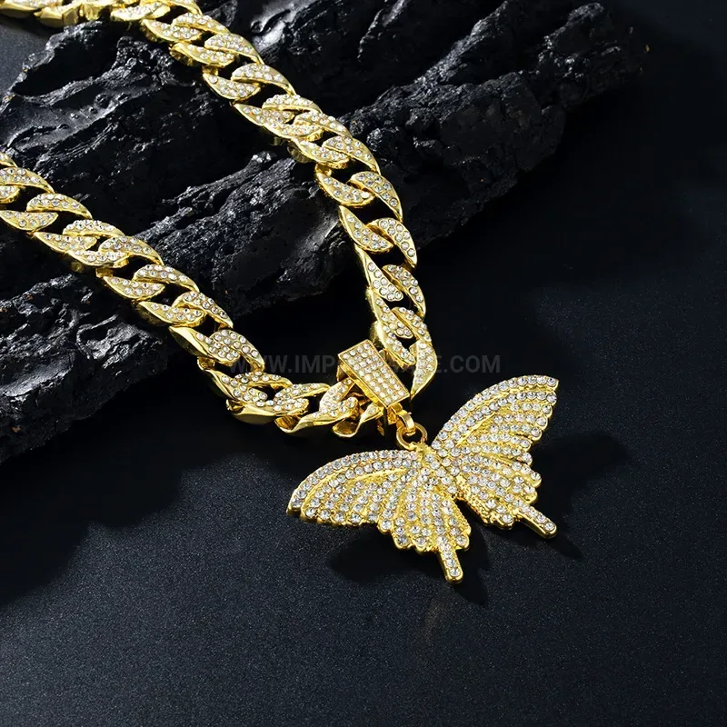 Iced Out Butterfly Alloy Hip Hop Pendant Necklace
