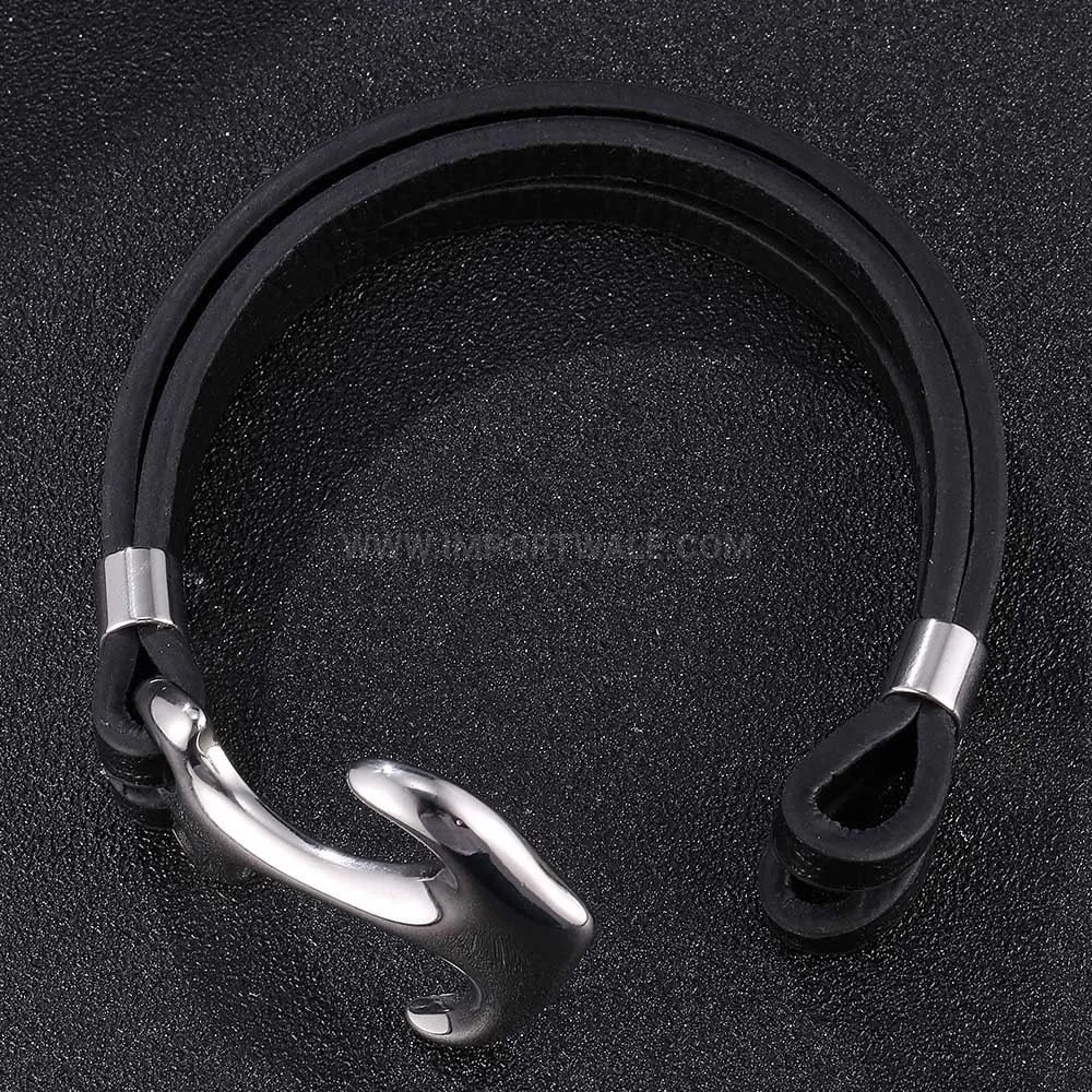 Multi-Strand Leather Wristband With Stainless Steel Anchor Motif Clasp