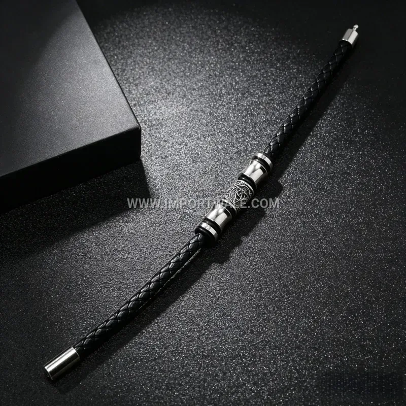 Celtic Triquetra Woven Leather Men's Bracelet With Magnetic Clasp