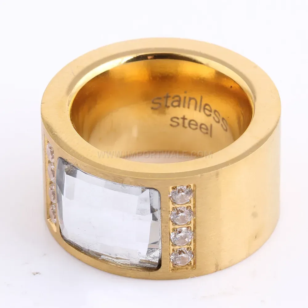 Double Row Cubic Zirconia Gold Stainless Steel Statement Ring