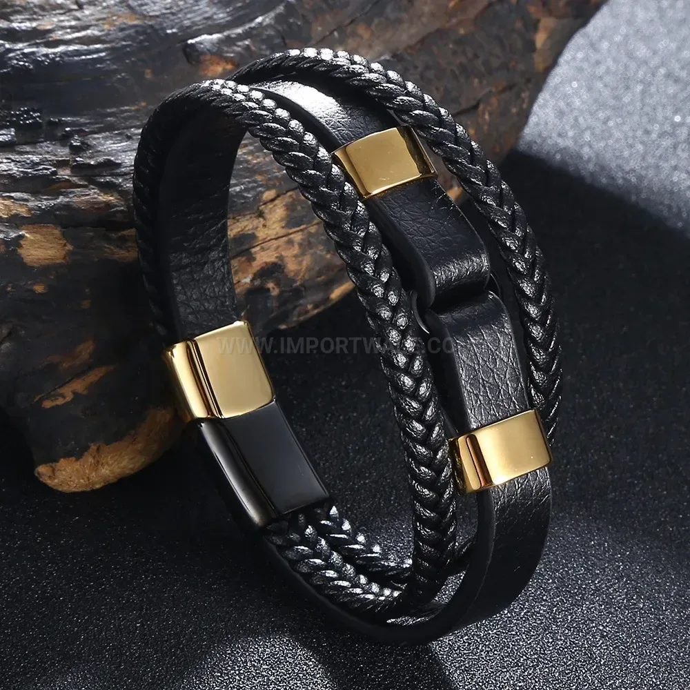Layered Black Leather Bracelet with Gold and Black Steel Clasp