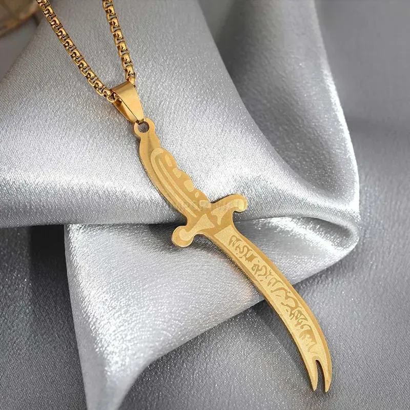 18K Gold Plated Stainless Steel Arabic Calligraphy Dagger Pendant Necklace