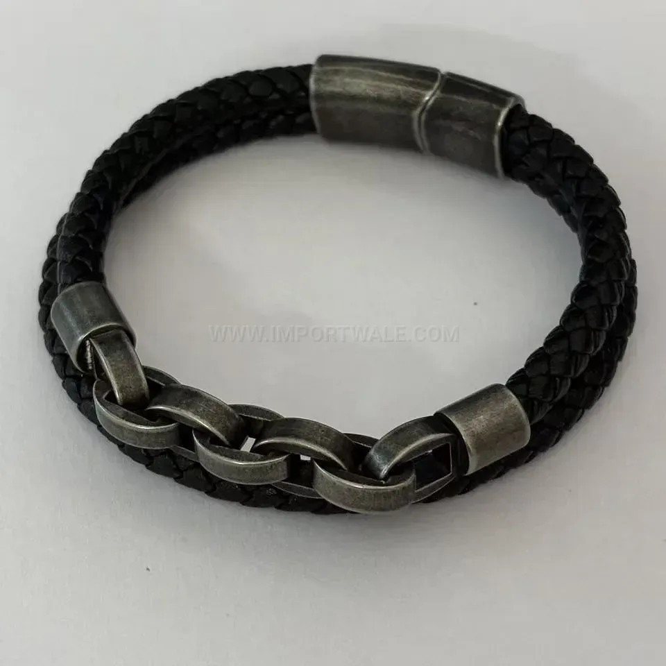 Distressed Steel Chain and Microfiber Leather Men's Bracelet