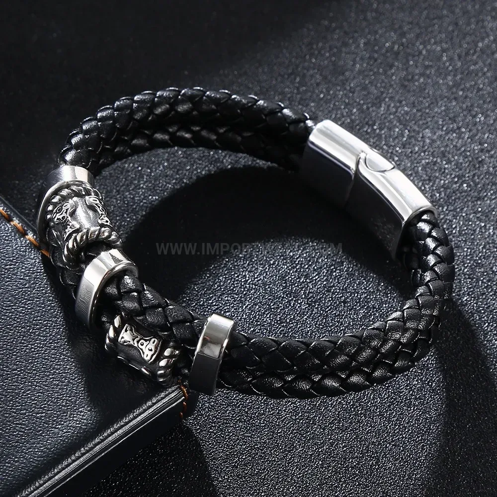 Braided Leather Stainless Steel Clasp Men Cuff Bracelet