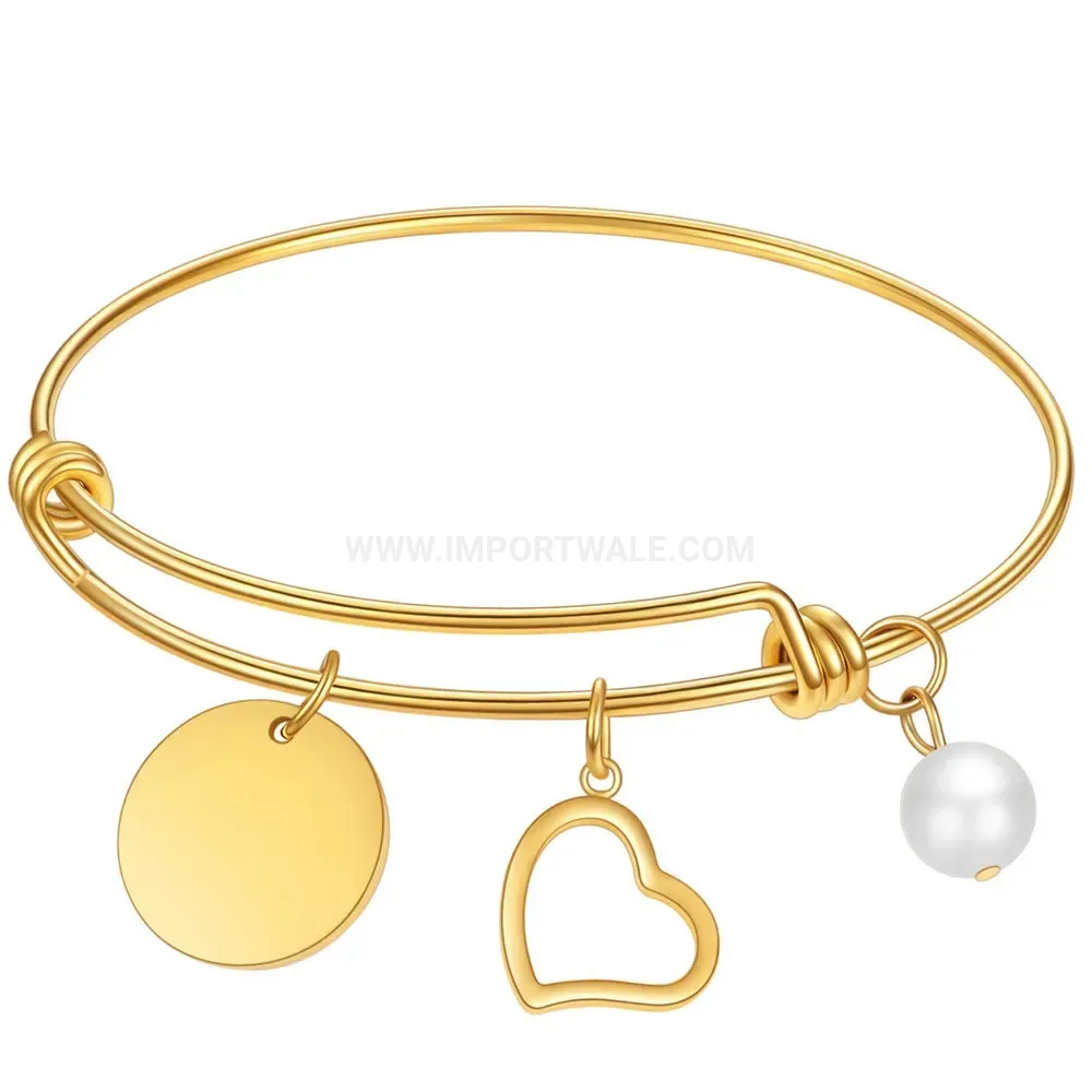Trendy Gold Stainless Steel Bangle with Pearl and Heart Pendant