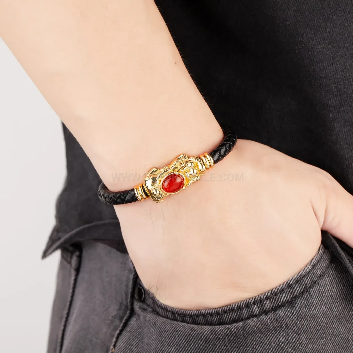 Retro Pixiu Leather and Natural Stone Bracelet with Stainless Steel Clasp