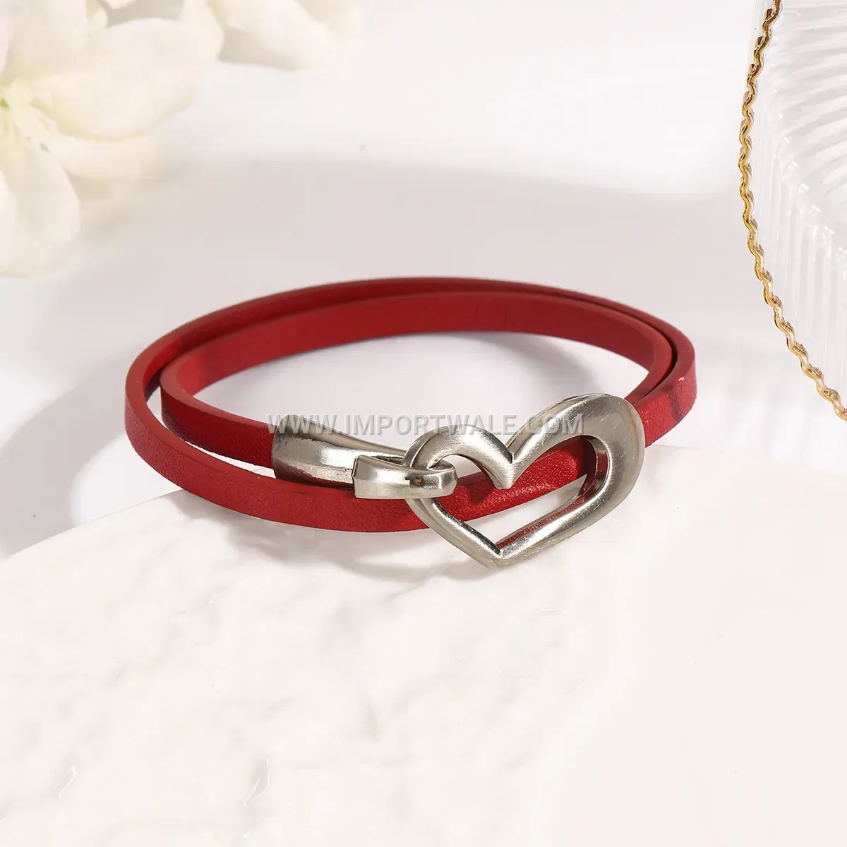 Multi-Layer Faux Leather Heart Charm Bracelet with Brushed Clasp