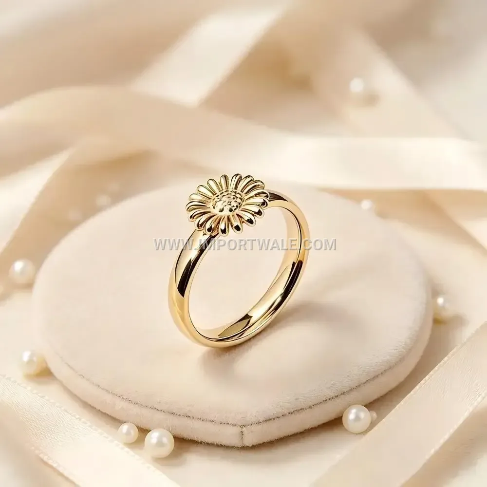 Engraved Sunflower Stainless Steel Band Ring with Gold Plating