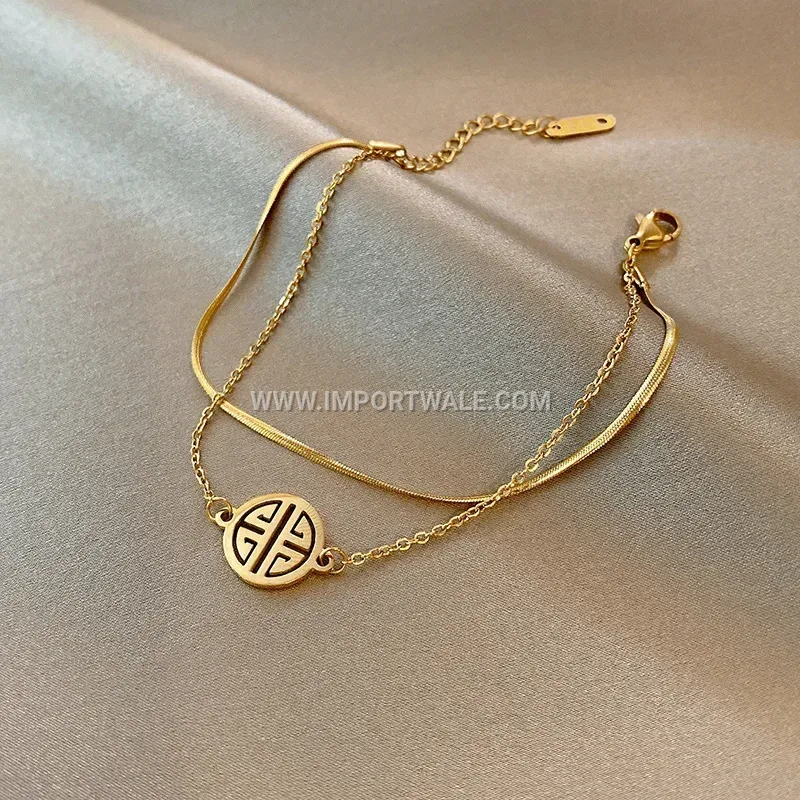 Layered Gold Stainless Steel Character Pendant Anklet and Bracelet