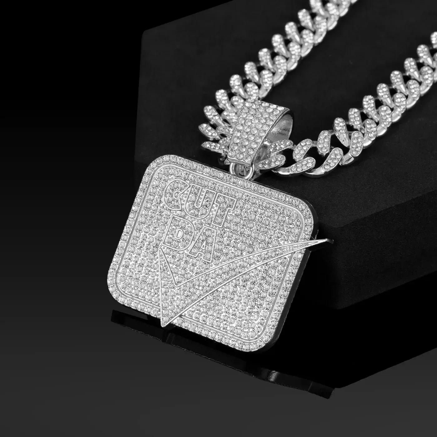 Elegant Rhinestone Square Letter Tag Pendant Cuban Link Necklace