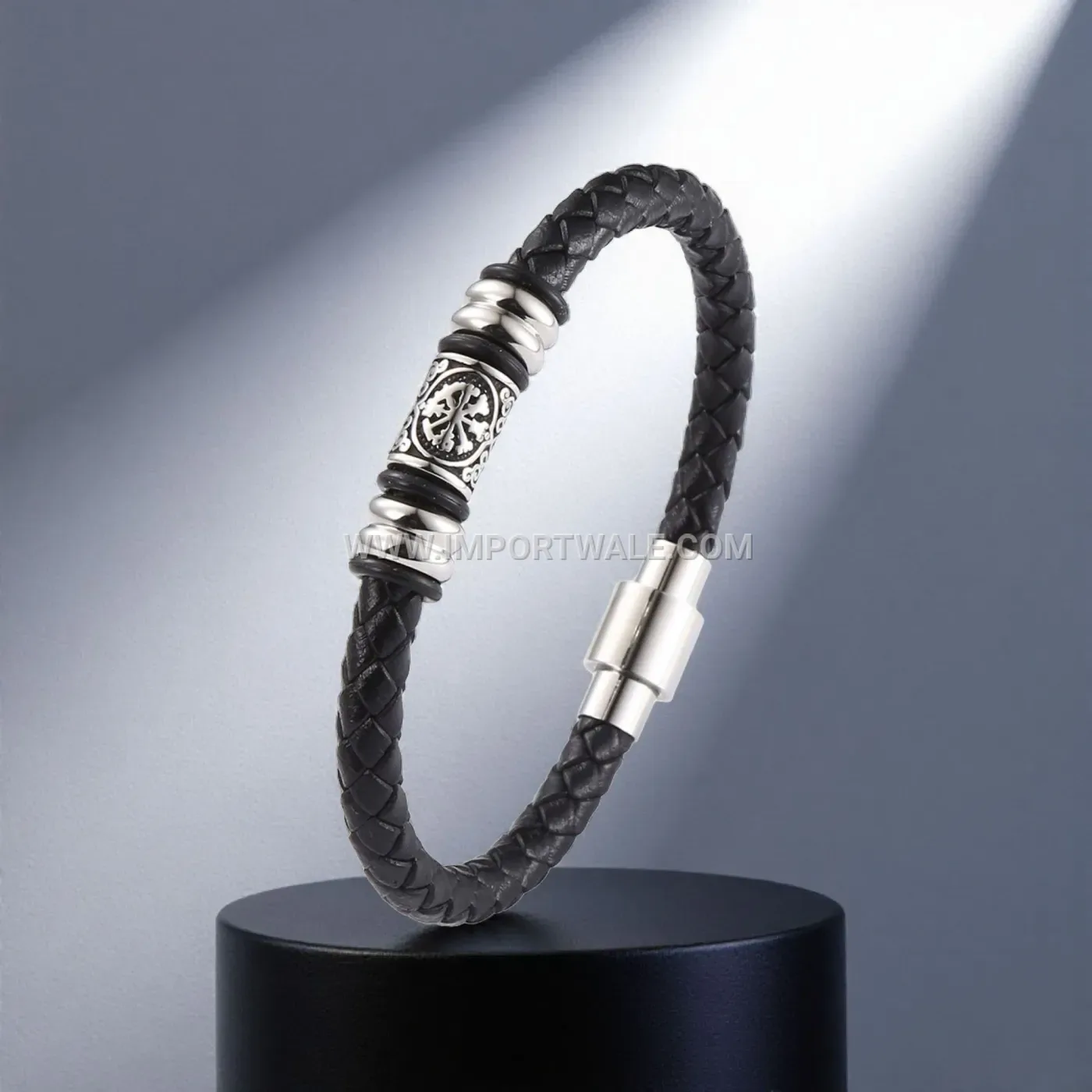 Braided Black Leather Bracelet with Stainless Steel Clasp