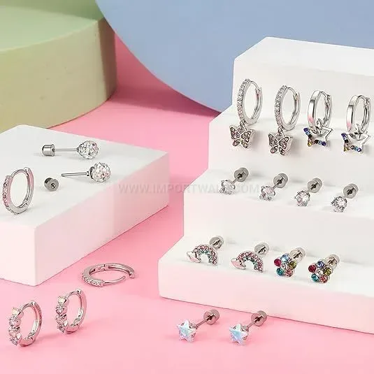 Modern Floral Cubic Zirconia Stainless Steel Cartilage Piercing Stud Set