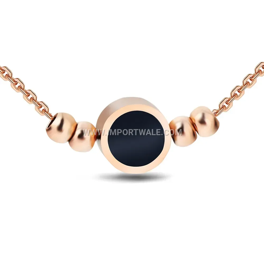 Enameled Black Circular Bead Stainless Steel Chain Necklace
