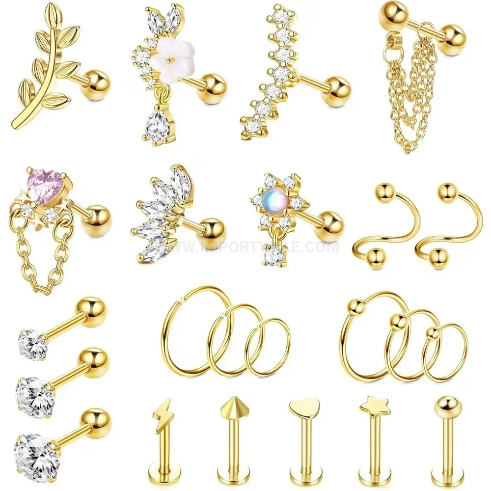 Premium Crystal Leaf Floral Chain Stainless Steel Ear Piercing Set